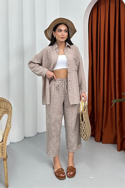 msm fashion Women's Top and Bottom Set Summer Linen Pocket Detailed Trousers Shirt Set of Two