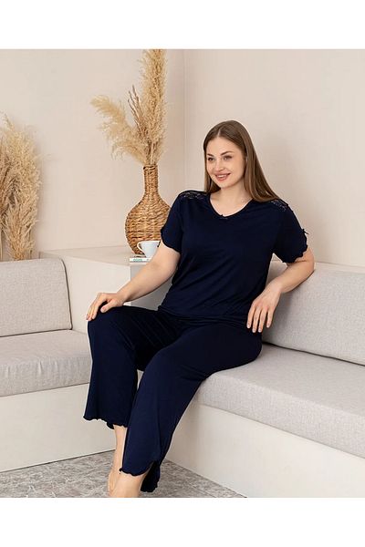 Lukitus Set de pijamale supradimensionate pentru femei, cu mâneci scurte, cu dantelă de bambus