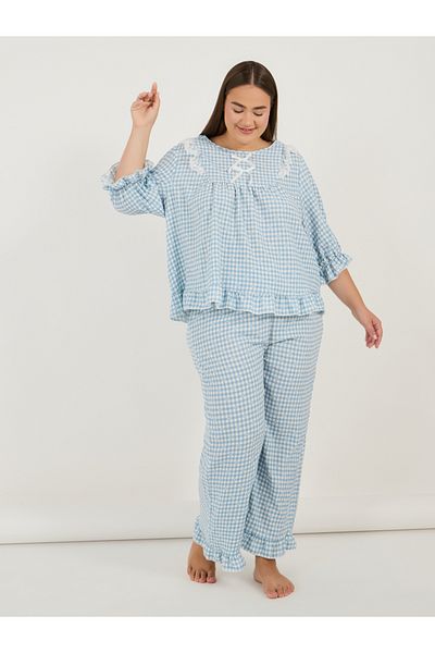 Styli Plus Size Gingham Check Frill Detail Round Neck Top & Pyjama Set