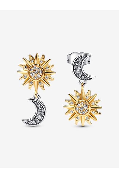 Pandora Pandora Earrings with Inverted Sun and Moon - Zirconia, 925 Silver and 14K Gold