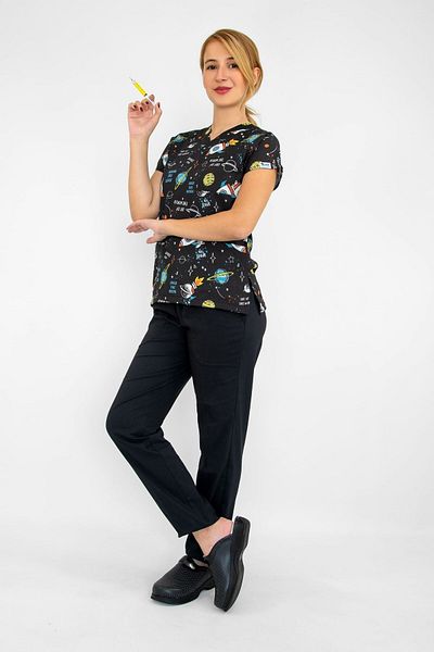 Nur Medikal Giyim Uniformă de scrubs pentru doctori și asistente cu model planetar negru unisex Master Lycra