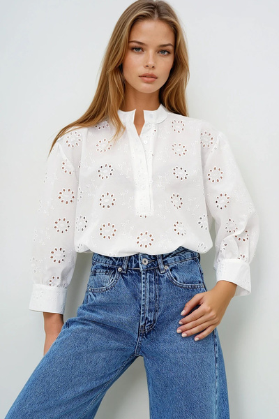 VAGGON Női fehér fehér bíró gallér léggömb ujjú hímzés hímzett szövött blúz Prmx13427