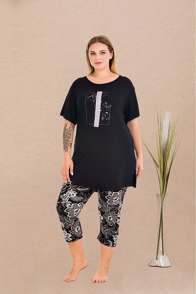 Lady Lingerie Set de pijamale pentru femei cu mâneci scurte, imprimeu floral, capri oversize