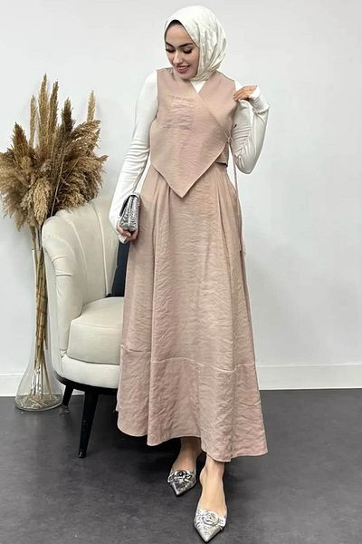 Tesettür Diyarı Beige Tansel Fabric Efil Vest Set