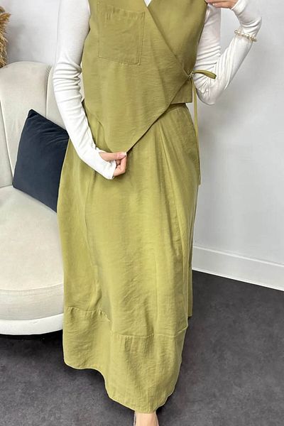 Tesettür Diyarı Tansel Fabric Efil Efil Vest Suit-Oil Green