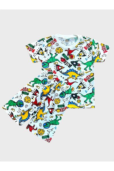 ALİŞ KİDS Boys' Cotton White Dinosaur Patterned Short Sleeve Shorts Summer Pajama Set