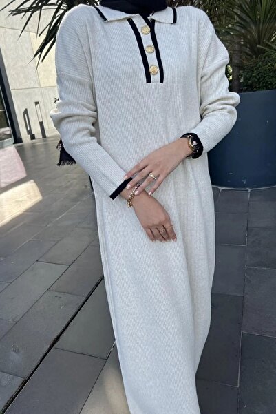 KURGAN TEKSTİL Oversize Buttoned V-Neck Ribbed Knitwear Hijab Dress