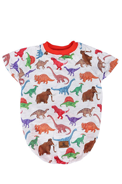 Peti Tailor DİNAZOR DESENLİ TURUNCU DETAYLI KOLLU TİŞÖRT KEDİ KÖPEK KIYAFETİ