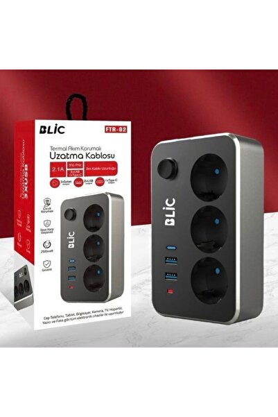 ecocenter Termal Akım Korumalı 3 Priz 2 Usb 1 Type-c Girişli 2m Kablolu Üçlü Priz