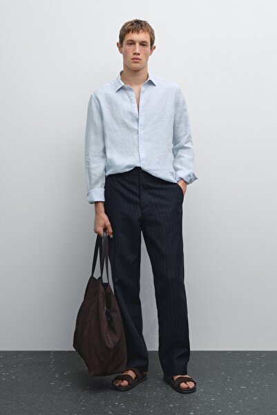 Massimo Dutti Çizgili slim fit keten gömlek