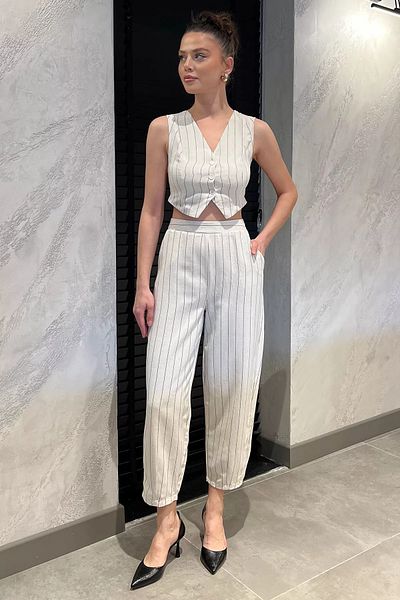 GÜLSELİ Stone Women's Line Patterned Linen Vest Trousers Double Set