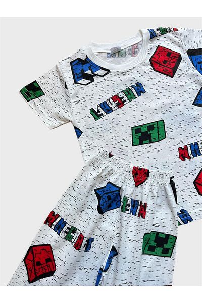 ALİŞ KİDS Set de pijamale de vară pentru băiat, din bumbac, alb, cu model geometric, cu mâneci scurte