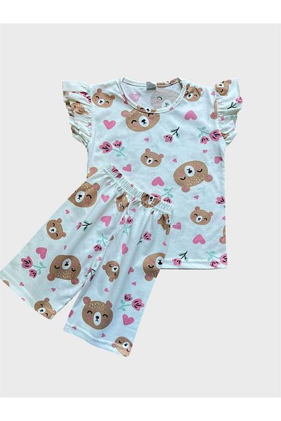 ALİŞ KİDS Girl's Cotton White Teddy Bear Patterned Short Sleeve Shorts Summer Pajama Set