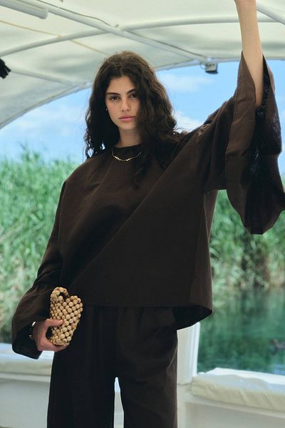 Hooopstore Lyocell Λινό Oversize Ash Brown Μπλούζα