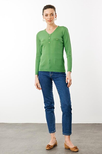 Nazen Giyim V-Neck Ribbed Green Women's Blouse 25353-Vy-2Y5