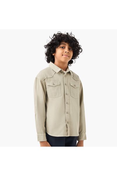 Juniors قميص سادة بأكمام طويلة وجيوب