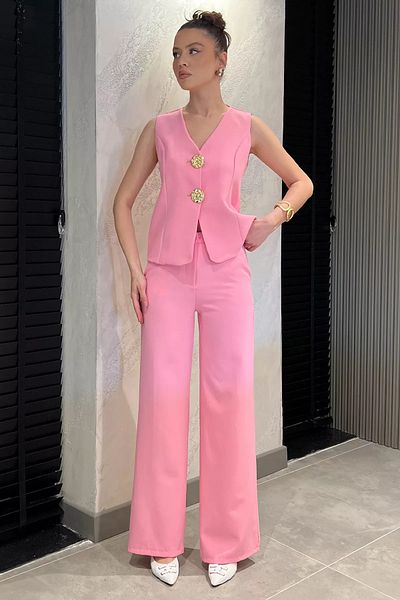 GÜLSELİ Pink Button Detailed Vest Trousers Double Set