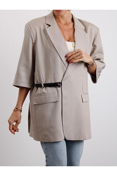 Maldia Shop Women's Double Breasted Collar Belted Mink Linen Jacket
