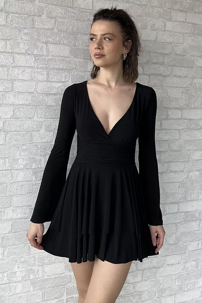 GÜLSELİ Black Women's V Neck Spanish Sleeve Folded Pleated Lycra Dress