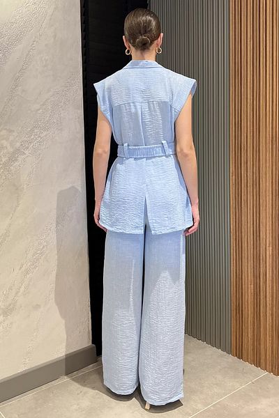 GÜLSELİ Blue Women's Waist Belted Vest Trousers Double Set