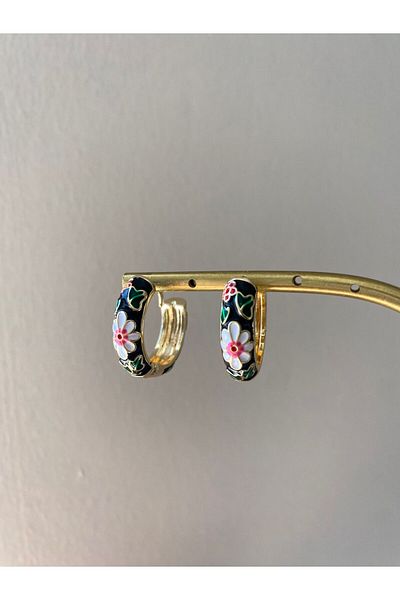 marsel aksesuar Black Enamel Flower Pattern Hoop Earrings