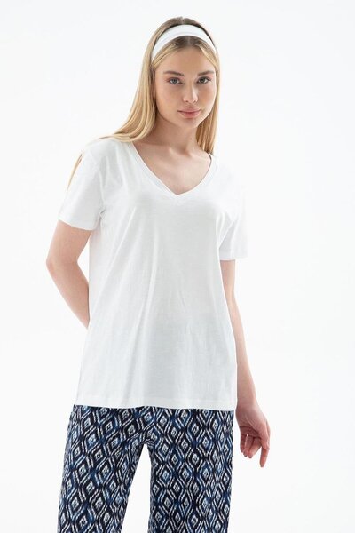 Nazen Giyim V-Neck Basic Ecru Women's T-Shirt 0321-2Y5