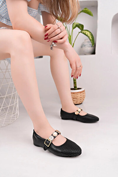 NOVİNS Women's Black Perforated Daily Ballerina Buckle Adjustable Lightweight Comfortable Shoes Ballerinas