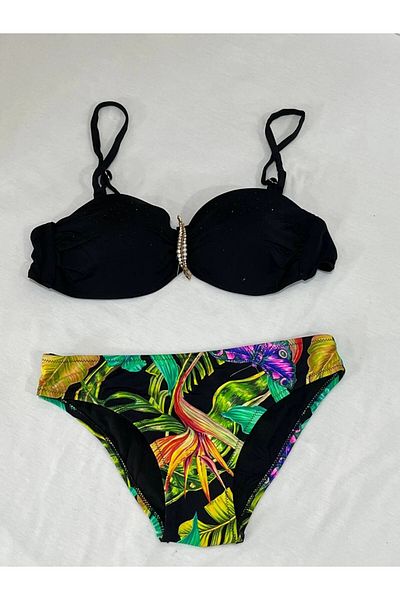 hazelin Women's Black Stone Embroidered Buckle Accessory Lined Bikini Suit Hzl25S-Lc208