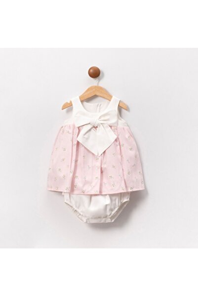 Cumino Beyaz Fiyonklu Pembe Çiçek Desenli Kız Bebek Elbisesi