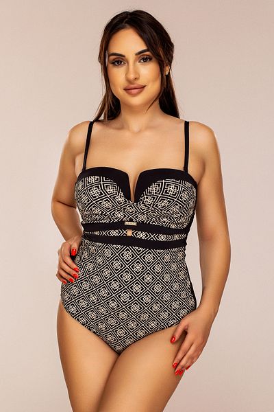 Lush Fashion Black One Piece Swimsuit with Beige Print