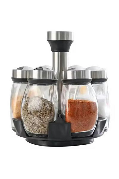 OEM Set of 6 spice containers, stand, 120 ml, steel and glass, black/transparent