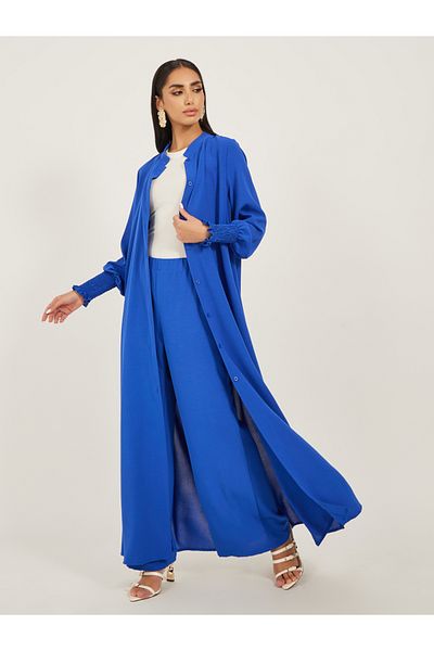 Styli Bishop Sleeve Buttoned Longline Shirt with Wide Leg Pants Set