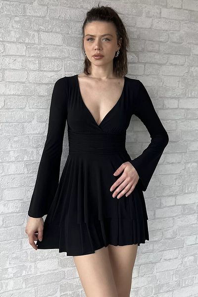 GÜLSELİ Black Women's V Neck Spanish Sleeve Folded Pleated Lycra Dress