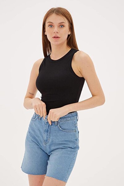 Nazen Giyim Sleeveless zero collar black women's crop 0479-2y5