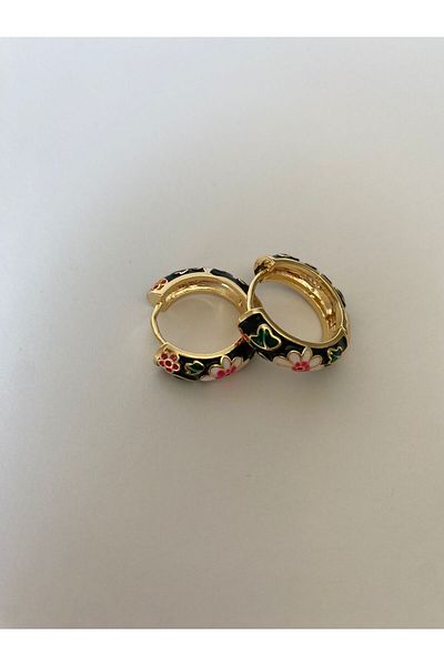 marsel aksesuar Black Enamel Flower Pattern Hoop Earrings