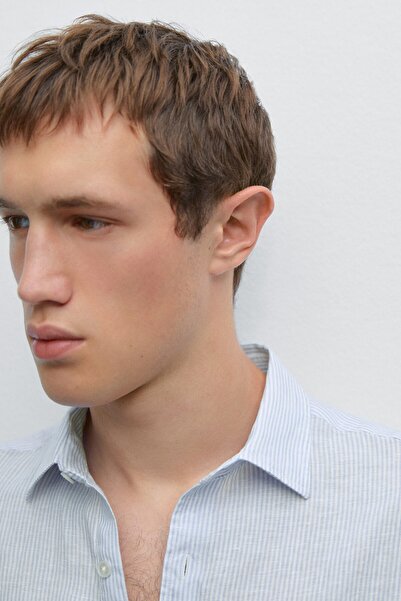 Massimo Dutti Çizgili slim fit keten gömlek