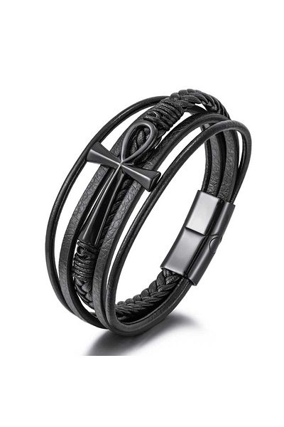 Toro Nero Brățară bărbătească din piele naturală, neagră, cruce