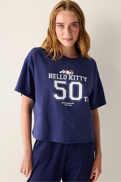 Penti Tricou cu decolteu rotund albastru bleumarin cu imprimeu Sanrio