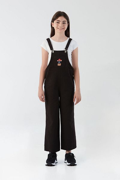 Fulla Moda 100% Cotton Teddy Bear Embroidered Girl's Jumpsuit with Pocket Detail