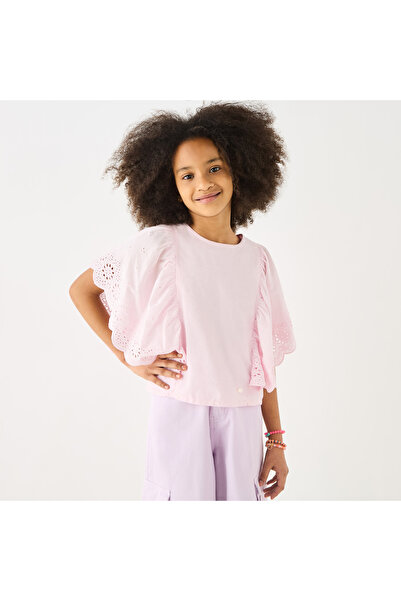 ELIGO بلوزة شيفلي سادة بأكمام منفوخة ورقبة دائرية