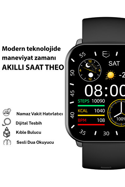 Genel Markalar Theo 48mm İslamik Saat Alüminyum Kasa Silikon Kordon Akıllı Saat
