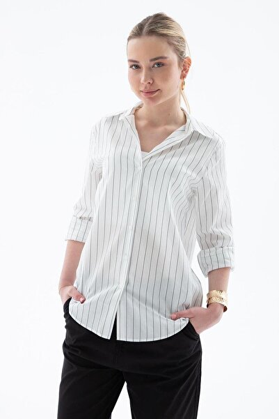 Nazen Giyim UZUN KOLLU ÇİZGİLİ EKRU KADIN GÖMLEK 0102-2Y5