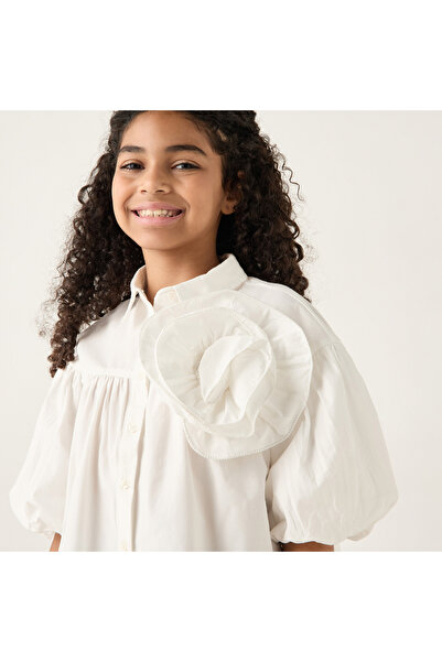 Juniors Floral Accent Collared Top With Balloon Sleeves