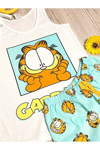 Intisimo Pijamale de vară, damă, bumbac, Garfield, albastru/alb - M-L