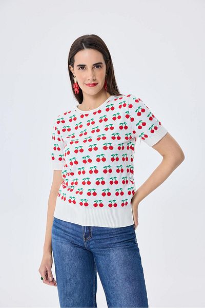 Peraluna Alice's Cherry, Cherry Patterned Women's Knitwear Summer Blouse - Ecru Multi