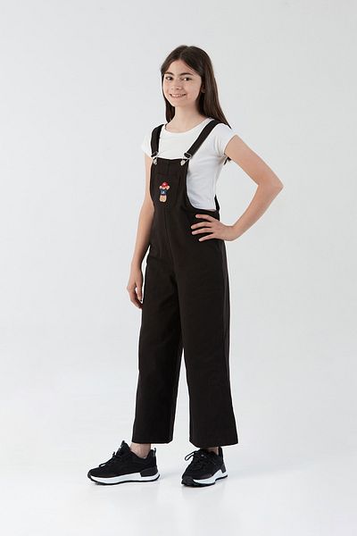 Fulla Moda 100% Cotton Teddy Bear Embroidered Girl's Jumpsuit with Pocket Detail