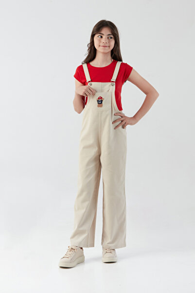 Fulla Moda 100% Cotton Teddy Bear Embroidered Girl's Jumpsuit with Pocket Detail