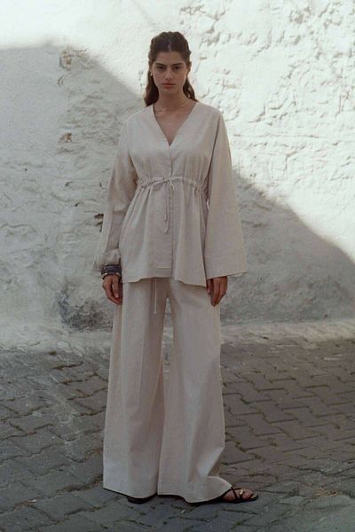 Hooopstore Natural Kimono Trousers Set with Front Tie Detail