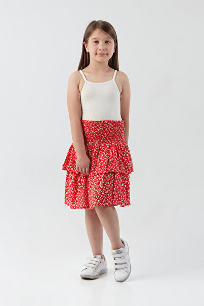 Fulla Moda Çiçek Desenli Fırfırlı Kız Çocuk Etek