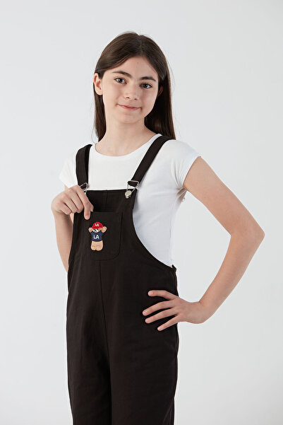 Fulla Moda 100% Cotton Teddy Bear Embroidered Girl's Jumpsuit with Pocket Detail